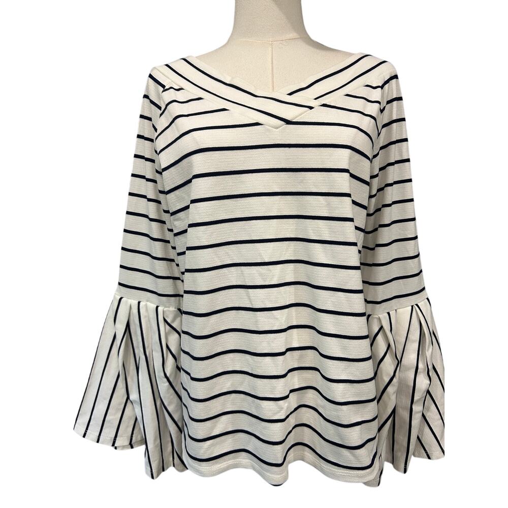 Gibson x Latimer Striped Bell Sleeve Knit Top Coastal Boho Chic White Navy SZ SM